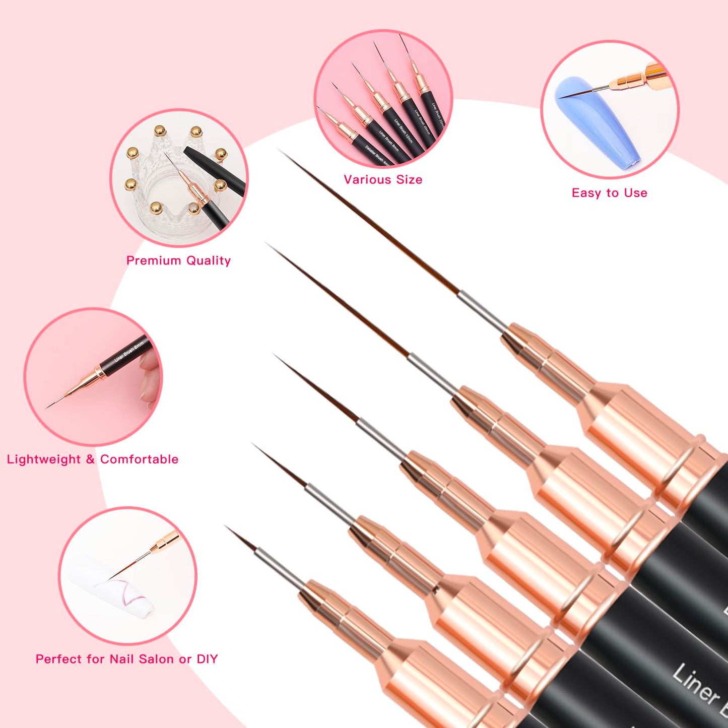 Metallic Nail Art Brushes, 5Pcs Liner Brush Set, UV Gel Polish Painting Art Design Pen for Long Lines, Thin Details, Fine Drawing Sizes 4/8/12/20/25mm(Black)