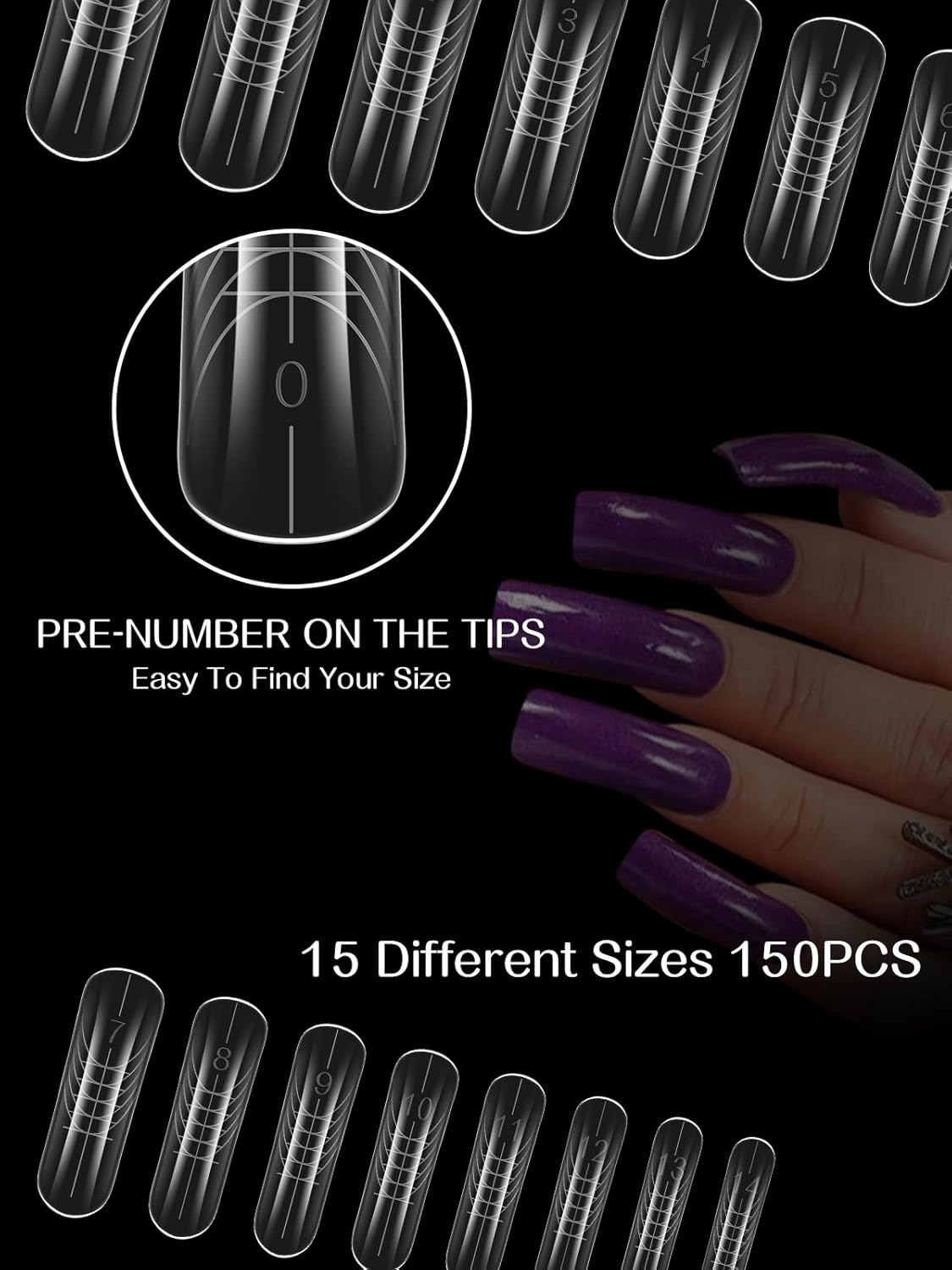 TOROKOM 150Pcs Poly Extension Gel Dual Nail Forms Clear Nail Forms Full Cover Coffin Nail Molds 15 Sizes for Gel Manicure Nail Art Design Salon&DIY