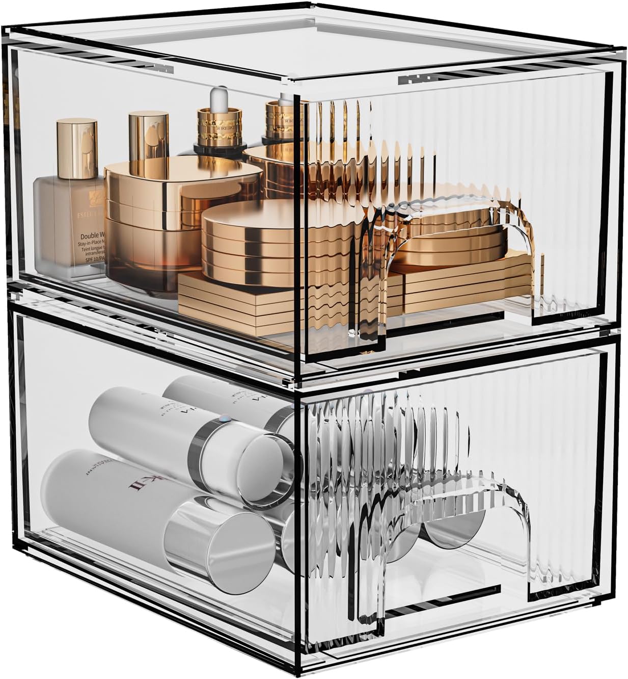 ZHIAI 2 Pack Clear Stackable Cosmetic Organizer, Acrylic Drawer, Plastic Organizer for Dresser, Vanity, Kitchen Cabinet, Pantry, Home Organization and Storage