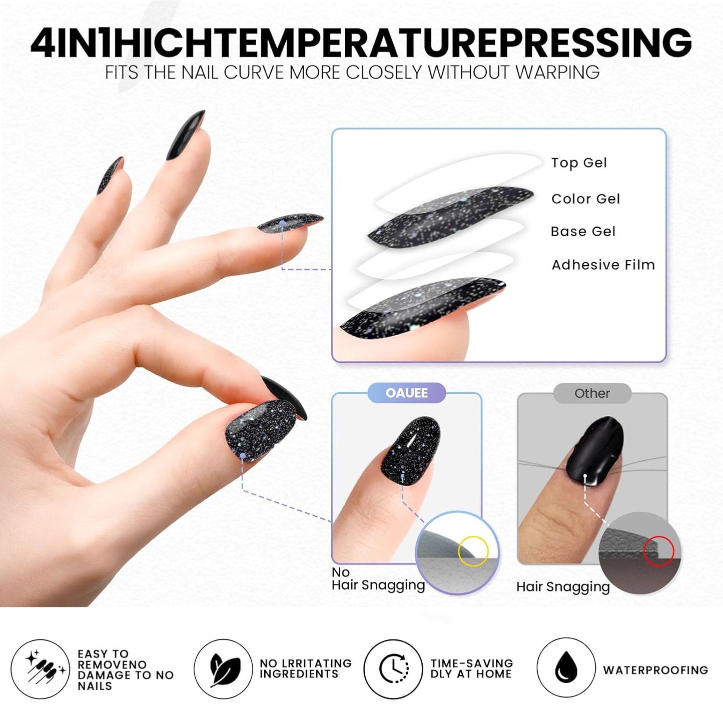 Semi Cured Gel Nail Strips | Built-In Gel Top Coat | UV Light Required | Salon Quality, Easy Application And Removal (Black Sparkle)