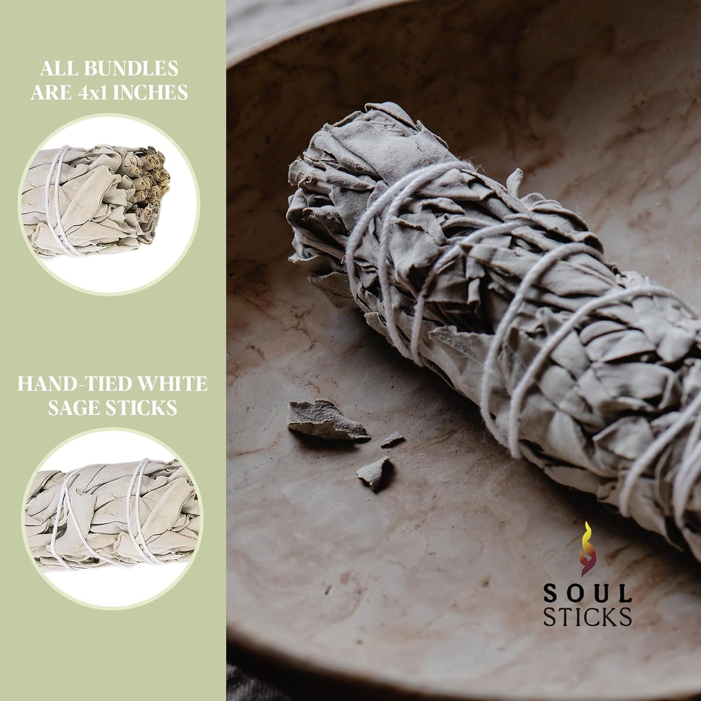 SOUL STICKS 4 Inch 6-Pack Organic California White Sage Smudge Sticks Bulk for Home Cleansing, Negative Energy Removal, Good Energy Meditation & Smudging Rituals | Pure Sage Bundles