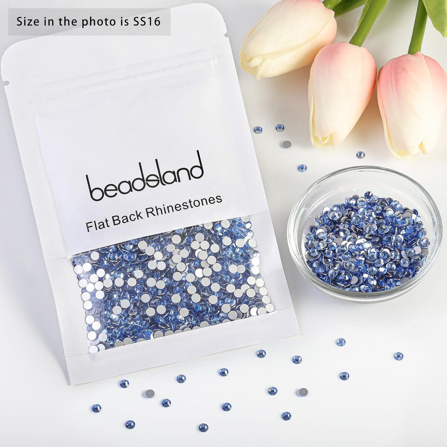 Beadsland 1440pcs Flat Back Crystal Rhinestones Round Gems for Nail Art and Craft Glue Fix,Light Blue,SS16,3.8-4.0mm