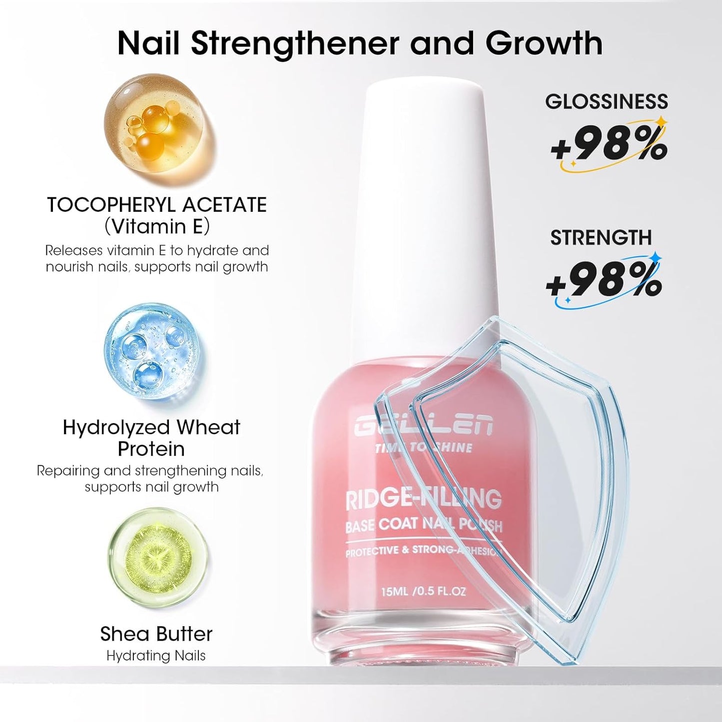 Gellen Tinted Pink Ridge Filler For Nails, Clear Nail Polish Ridge Filling Base Coat, Nail Strengthener and Growth, Hydrates Strengthenes Nourishes Damaged Dry Nails, Shea Butter & Vitamin E & Protein