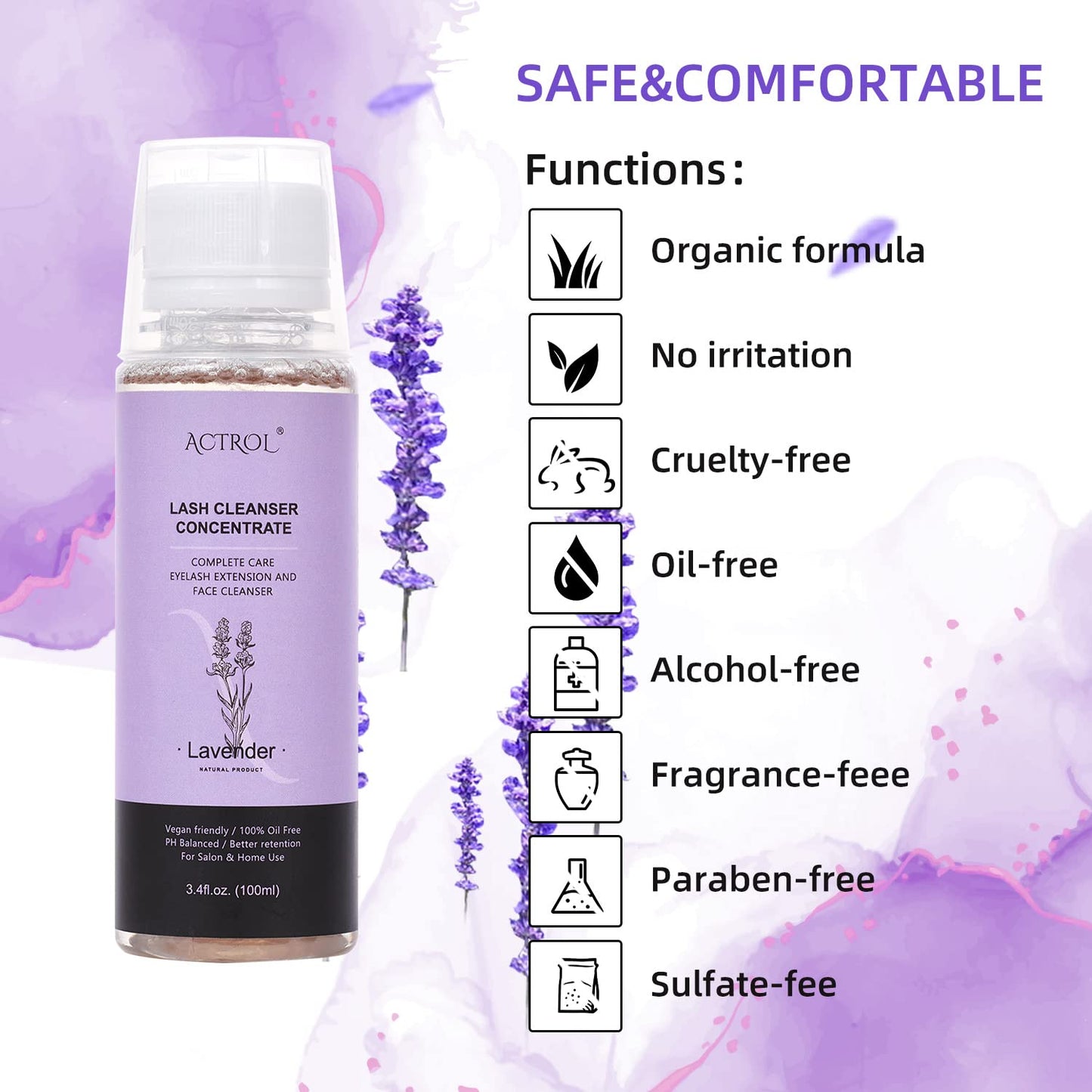 Eyelash Shampoo Concentrate 100ml Lash Extensions Cleanser Concentrate Lavender Foaming Shampoo Paraben & Sulfate Free Wash for Extensions Lashes with Salon Home Care-Makes 60ml Bottles