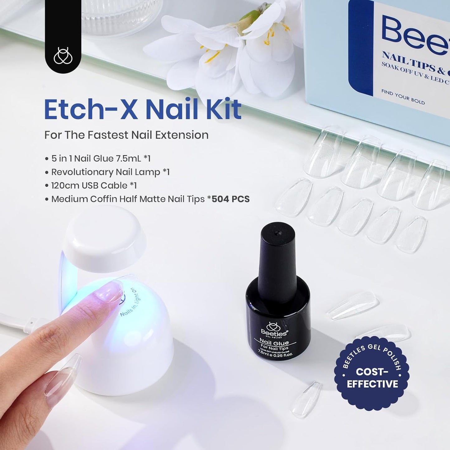 Beetles Gel Nail Kit Easy Nail Extension Set With Etch X Nail Tips 504Pcs Half Matte Medium Coffin Shaped Tips 5 in 1 Nail Glue Base Gel and Innovative Led Lamp Diy Art at Home Nail Kit