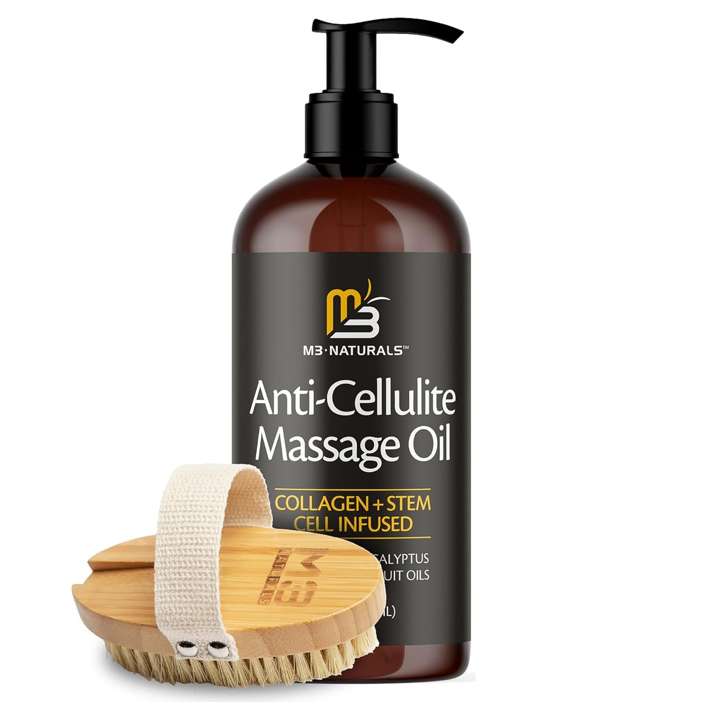 Anti Cellulite Massage Oil and Firm Dry Brush Kit | Collagen & Stem Cell Skin Tightening Kit | Radiant Body Care Kit for Women by M3 Naturals
