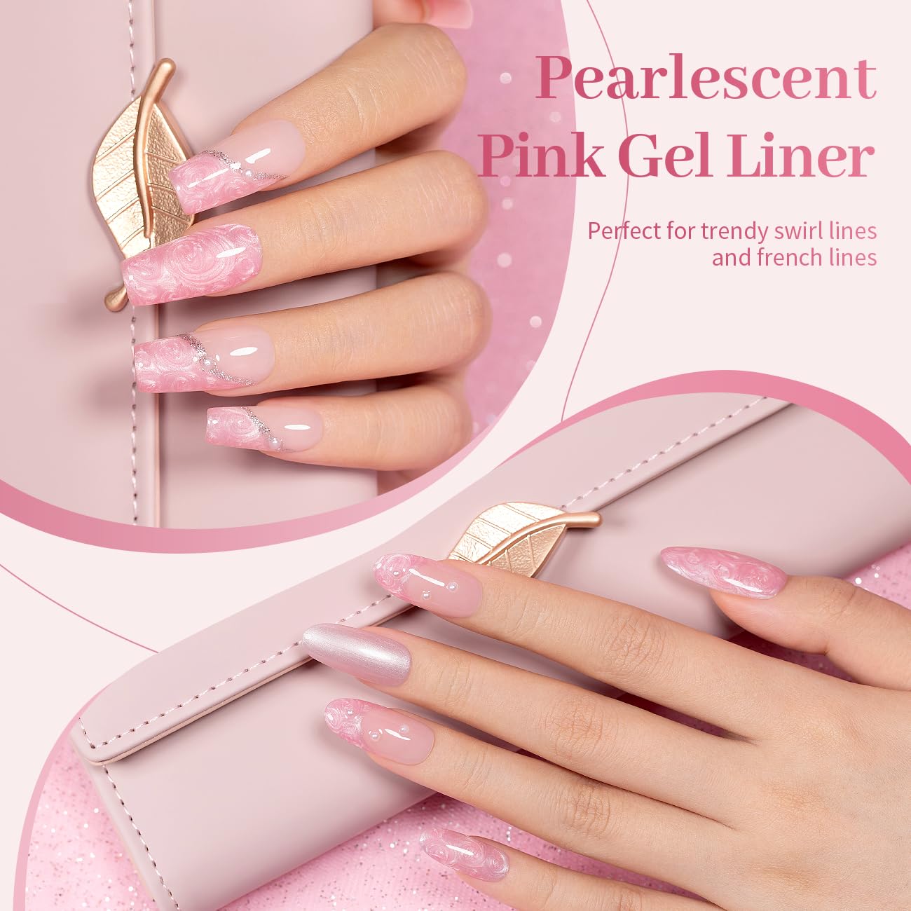 RARJSM Pearl Pink Nail Art Gel Liner Pearlescent Shell Glitter Swirl Effect Gel Nail Polish 8ml Build in Thin Brush Painted Drawing Striper Gelpolish Soak off Curing Requires for Home Salon Design