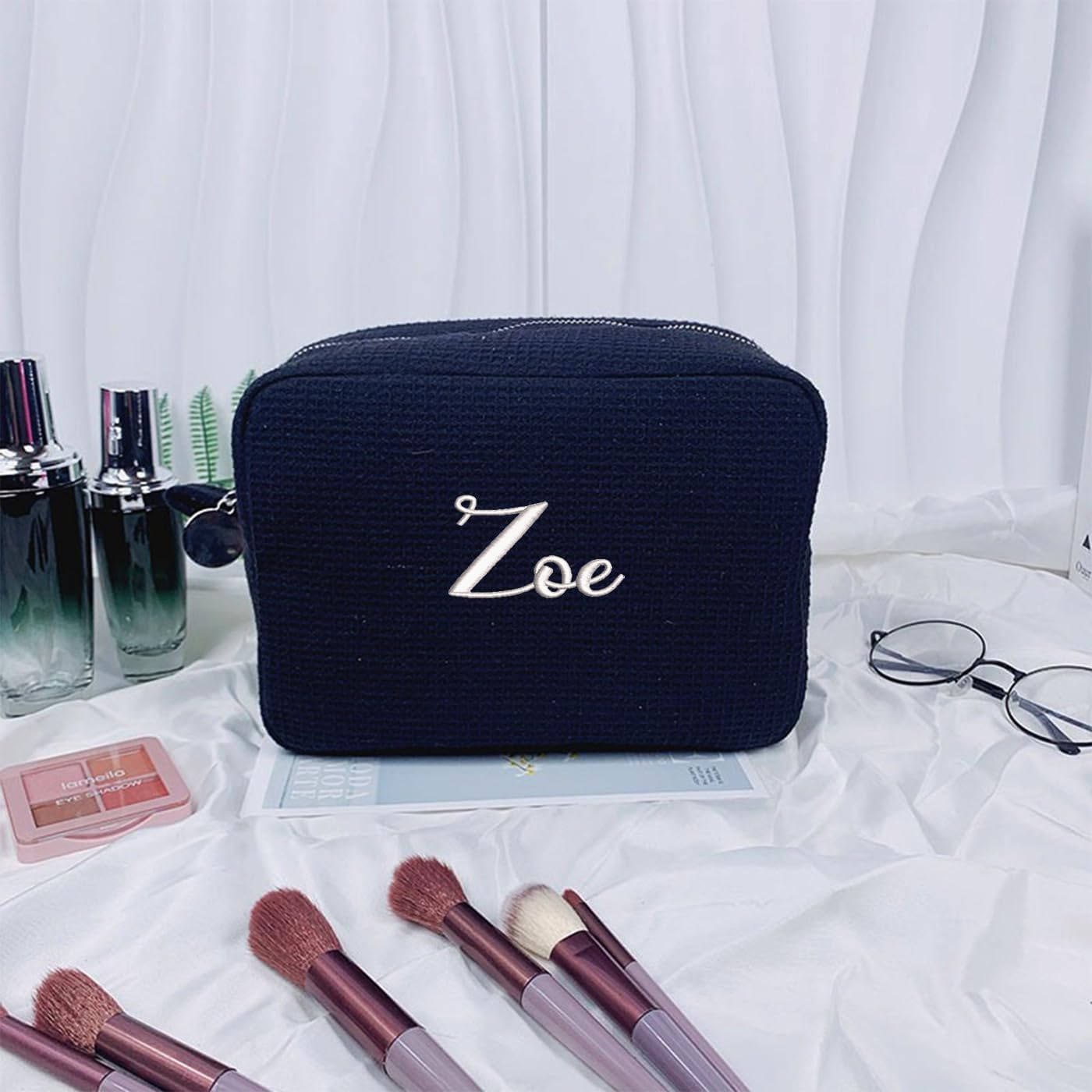 GOPHIE Personalized Embroidered Makeup Bag,Custom Waffle Fabric Cosmetic Pouch for Women, Travel Makeup Pouch (1, Black)