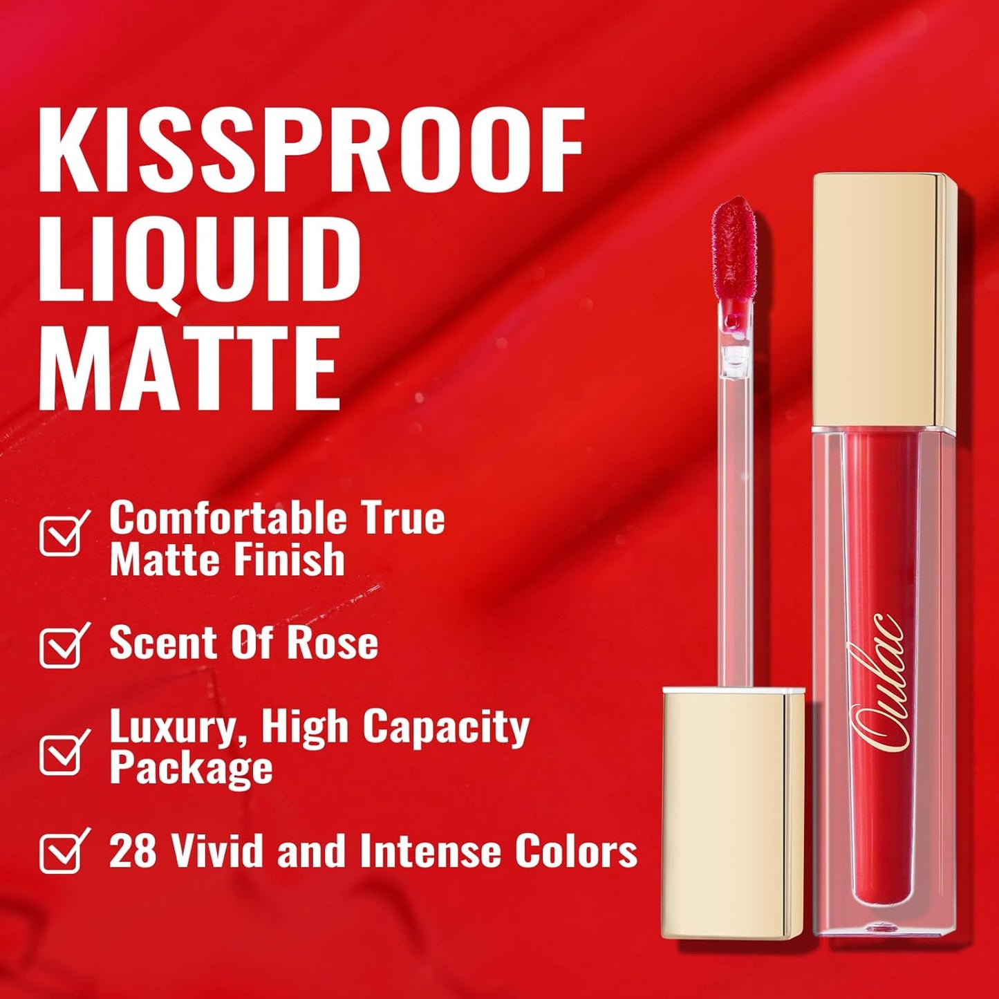 Oulac Red Matte Lipstick for Women, Classic Red Lip Stain Long Lasting Waterproof, No Transfer, Creamy High Pigmented Formula with Rose Oil, Vegan & Cruelty-Free, M02