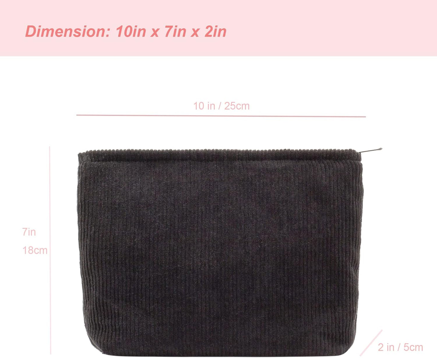 PAZIMIIK Makeup Bag Large Zipper Corduroy Make Up Pouch for Purse Travel Canvas Cosmetic Organizer for Women Brush Storage,Black