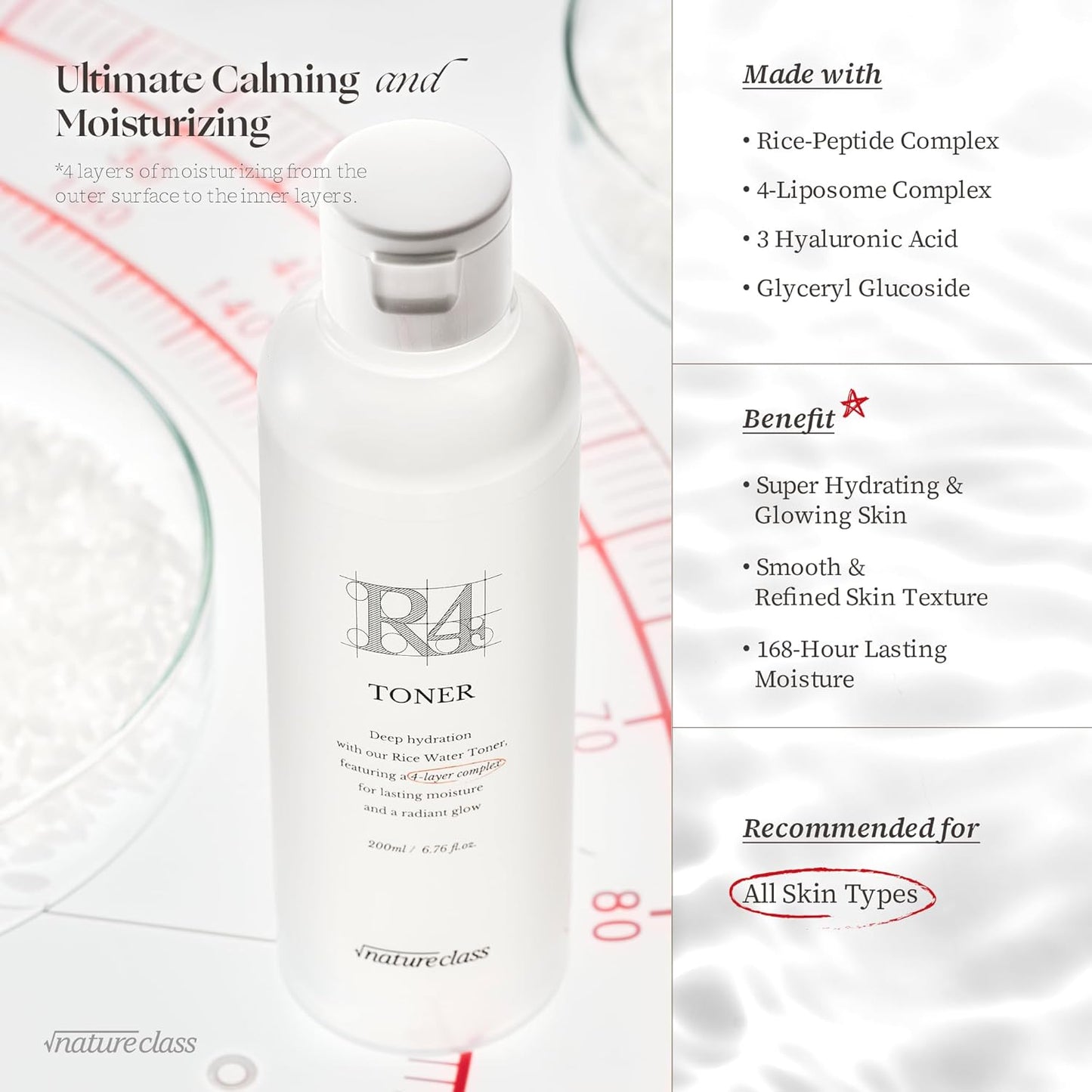 R4 Hydrating Rice Toner with Rice-Peptide & 4-Liposome Complex – Calming & Moisturizing Glowing Toner, Lasting Hydration, Hypoallergenic Korean Skincare 6.76 fl.oz.