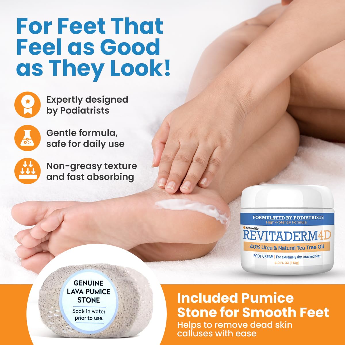 Revitaderm 4D Urea Cream 40% for Feet, Intensive Moisturizing Foot Cream for Dry, Rough, Callused Skin, Includes Free Pumice Stone and Exfoliating Brush, Fast-Absorbing, Fragrance-Free, 4oz, 3 Pack