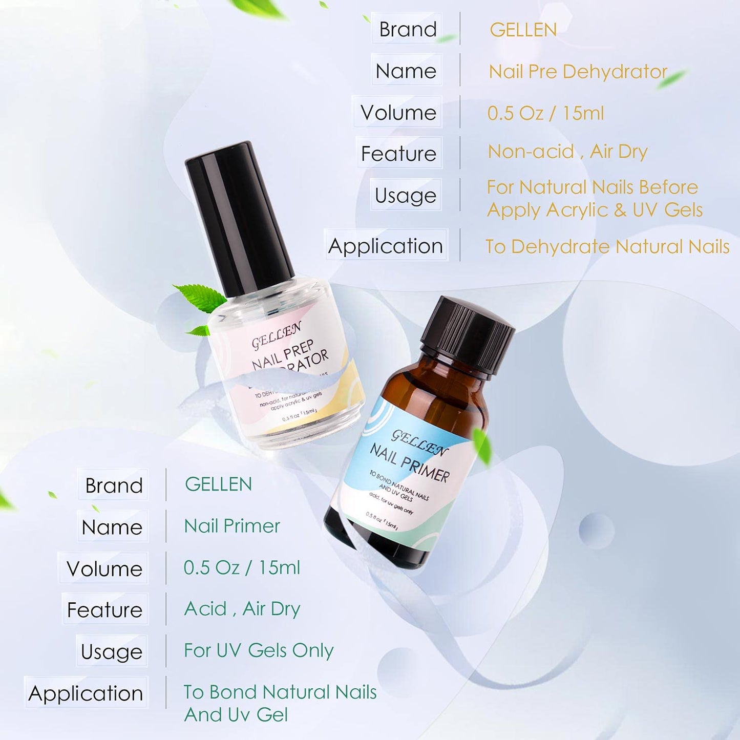 Gellen Nail Dehydrator and Nail Primer, Long-Lasting Air Dry (Acid Free) for Acrylic Powder and Gel Nail Polish, Superior Protein Bonding, 15ML / 0.5 oz Each