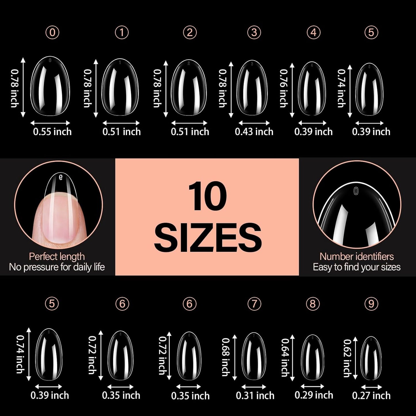 AILLSA Short Almond Nails 504PCS Clear Gel Nails Tips Press on False Soft Nails Tip Full Cover Fake Gelly Nails Tips for Nail Extension DIY Home Salon Gift, 10 Sizes Preshaped Nail Tips