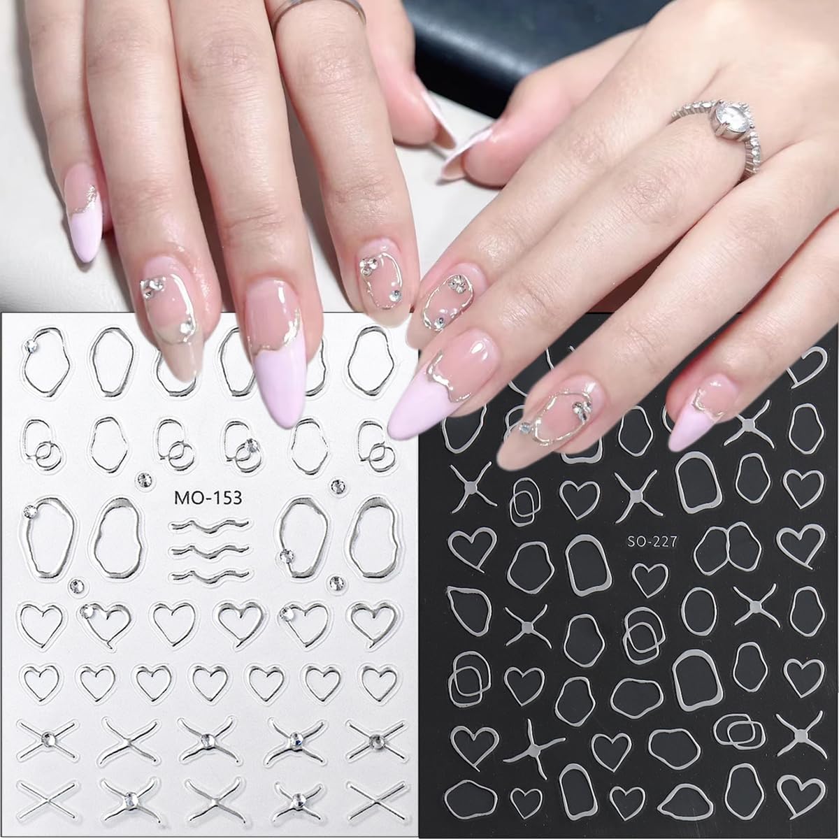 Simple French Nails Art Stickers Heart Lines Nail Decals 3D Self Adhesive Hollow Geometric Frame Nail Stickers with Diamond Design Stripe Nail Supplies Bronzing French Decoration for Women 5Pcs