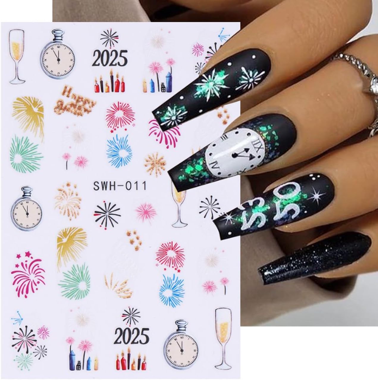 8 Sheets Christmas Nail Art Stickers - 3D Clock Glitter Firework Balloon Design, Candy Cane Cute Cartoon Cow Light Decals for Winter Xmas and New Year's - Supplies for Women Girls