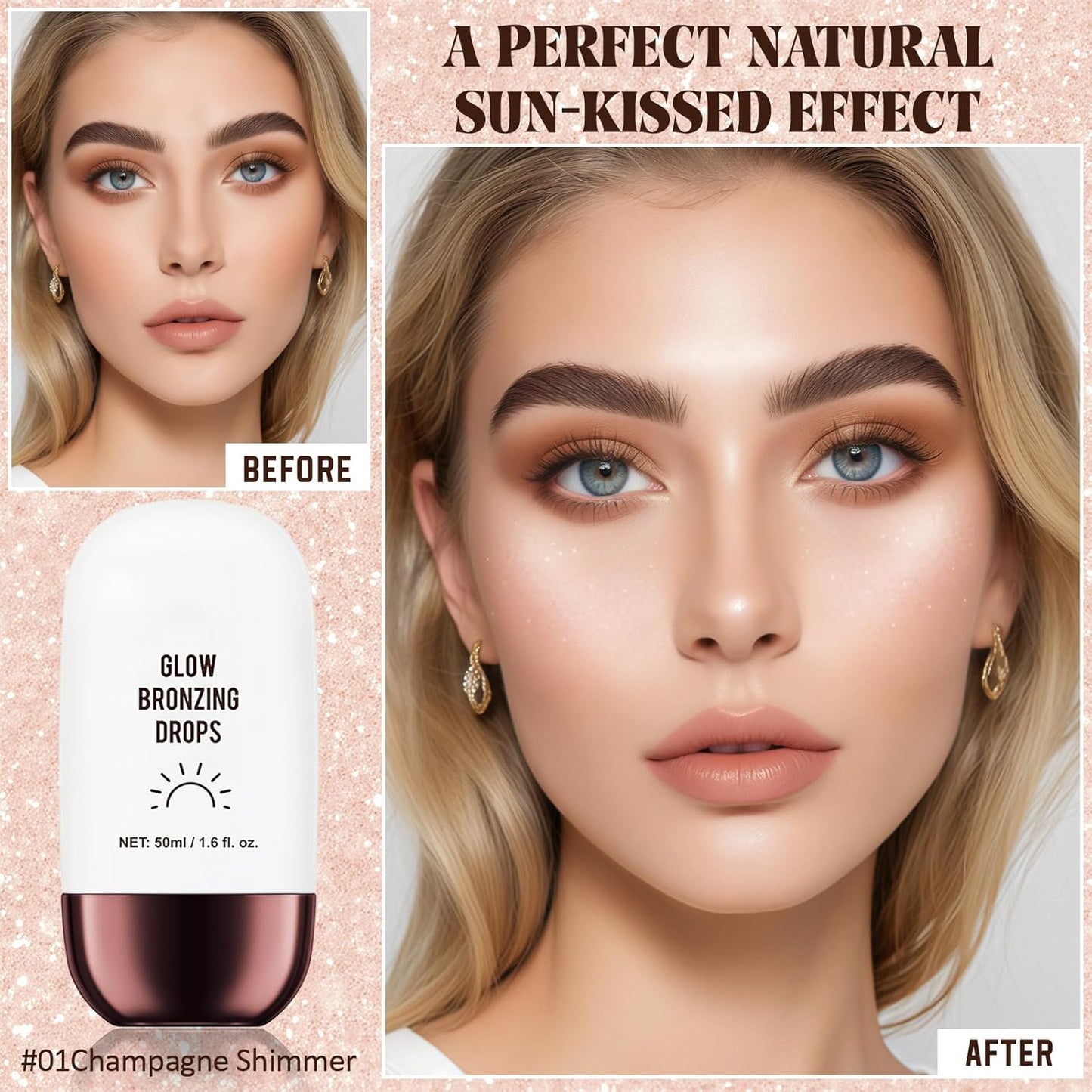 Instant Bronzing Drops, Face and Body Bronzer, Cream Liquid Bronzer Drops for Instant Tan, Bronze Drops, Blendable Lightweight Texture Bronzing Drops for Face - 01