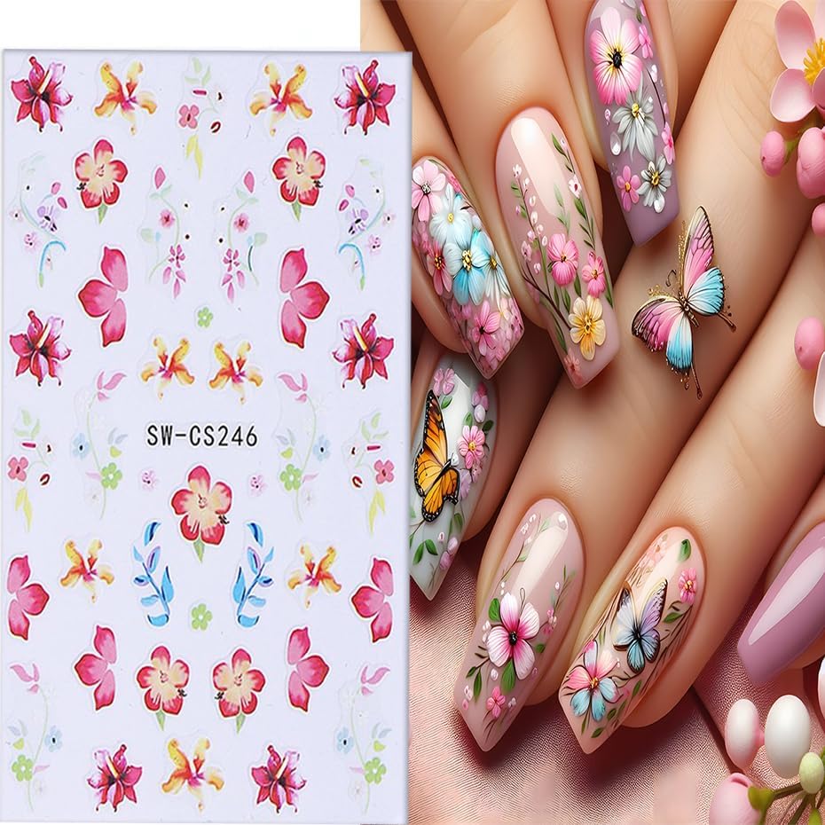 6 Sheets Flower Nail Art Stickers 3D Self-Adhesive Spring Summer Nail Sticker Butterfly Nails Art Decals Holographic Floral Nails Decal Decoration for Women Blossom Manicure DIY Nail Supplies