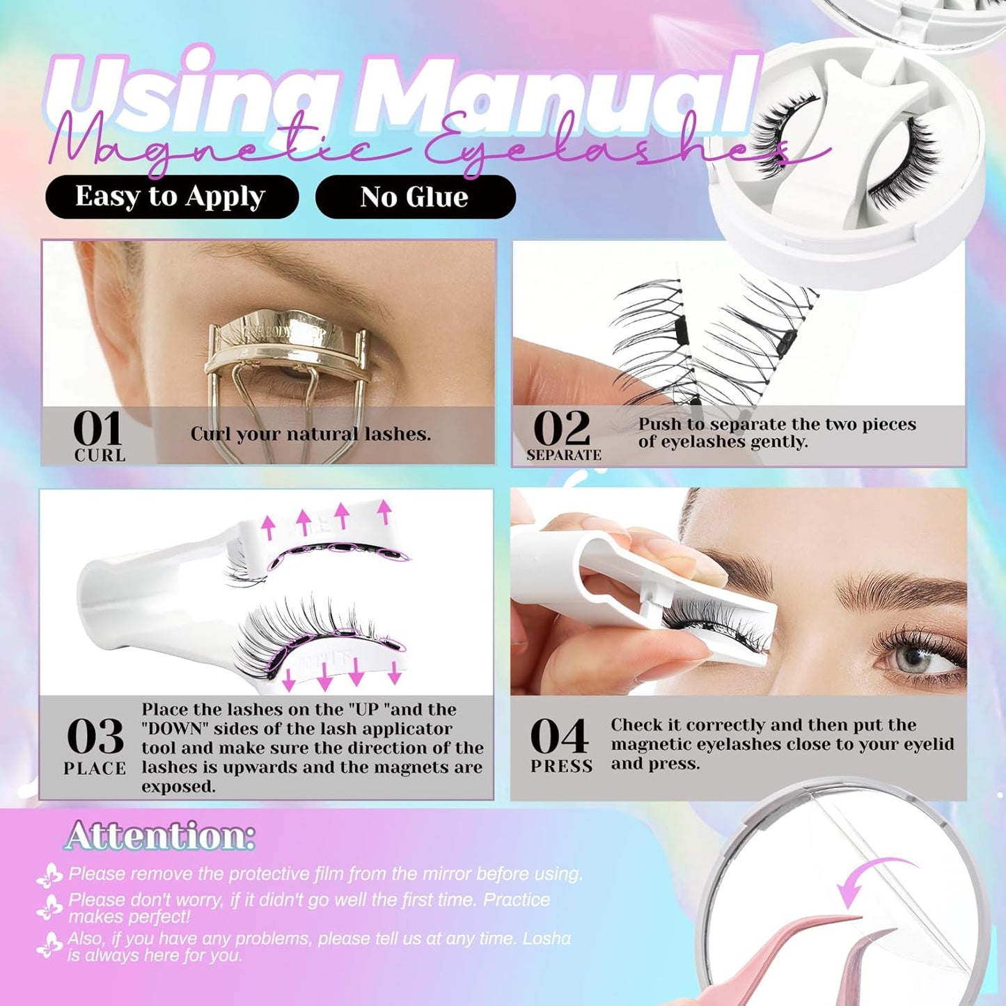 Losha Magnetic Eyelashes No Glue Needed Magnetic Lashes with Applicator 1 Pair Wispy Reusable False Eyelashes without Eyeliner (Delicate)