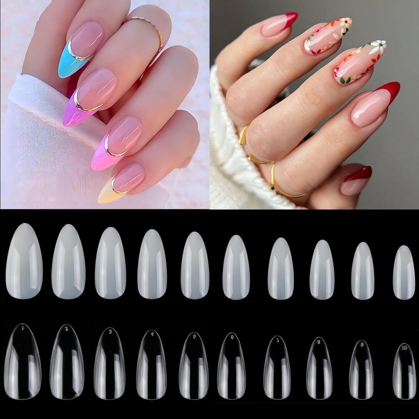 1000PCS Short Almond Nail Tips - Acrylic Nails Tips, ToouYoun 10 Sizes Soft Gel Full Cover Nail Tips with Box for Nail Art Salons and Home DIY