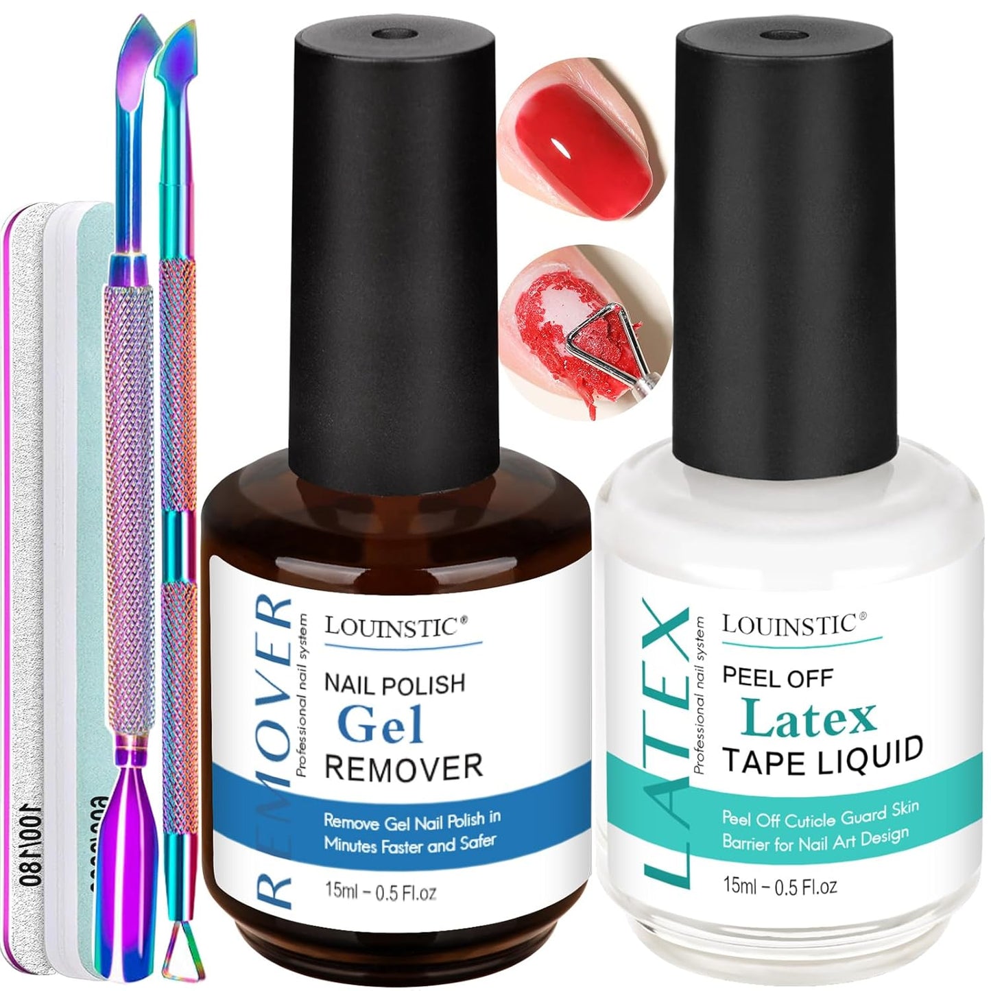 Gel Nail Polish Remover, Gel Remover Kit with Liquid Latex for Nails, No Need to Wrap or Soak, Removes Nail Polish in 2-5 Minutes, Acetone Free, Not Damage to Nails, with Manicure Tools