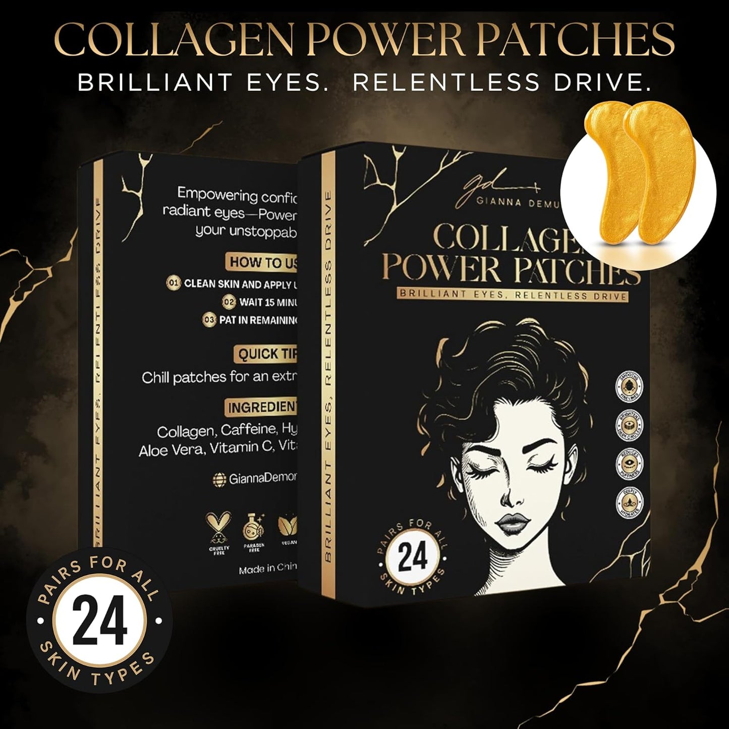 Undereye Mask Patches for Dark Circles, Puffiness & Wrinkles, Gold Eye Mask with Collagen, Caffeine & Hyaluronic Acid, Vegan & Cruelty-Free Eye Patches for Women and Men (24 Pairs)