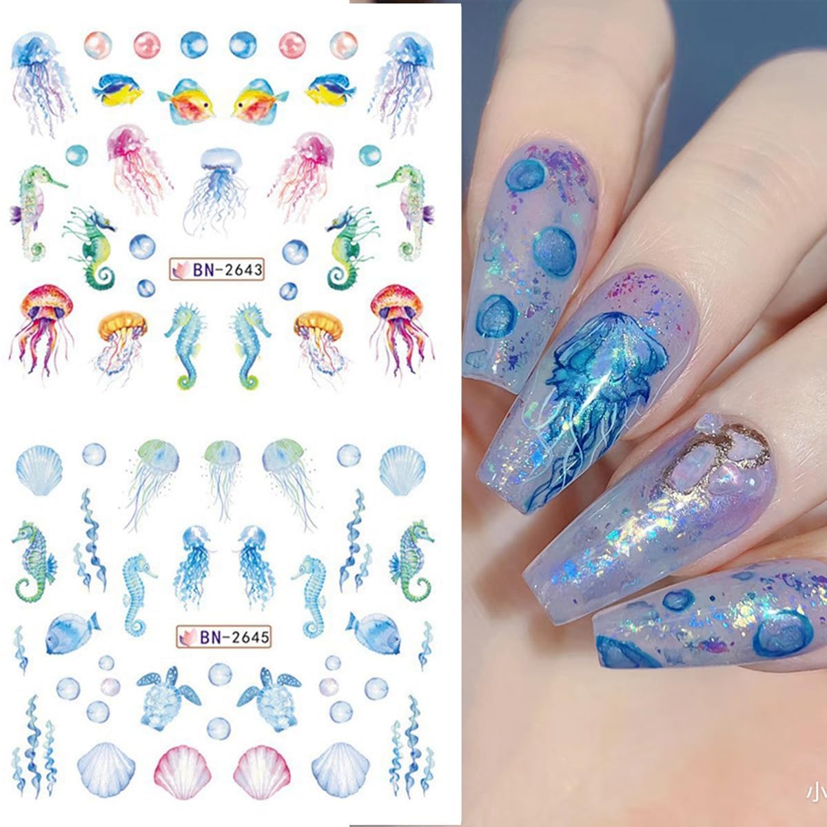 Summer Nail Art Stickers 12 Sheets Seashell Starfish Water Transfer Foils Decals Jellyfish Shells Sea Turtles Seahorses Design Acrylic Ocean Theme Supplies for Women DIY Decor