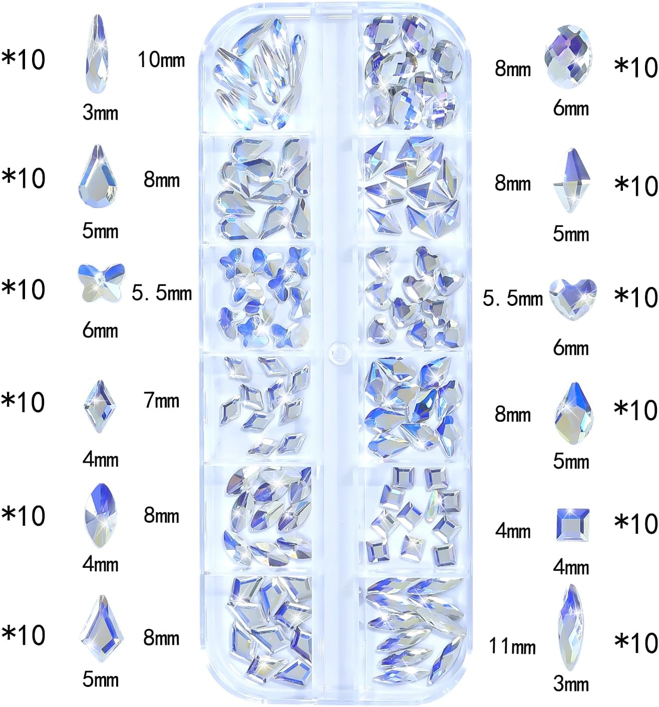 Nail Rhinestones - 3D Multi Shape Size, Flat Back, Manicure Rhinestones Charms, Crystal Moonlight Blue Gems, with Kit, for Nail Art, Bedazzling Acrylic Nails, DIY Decor