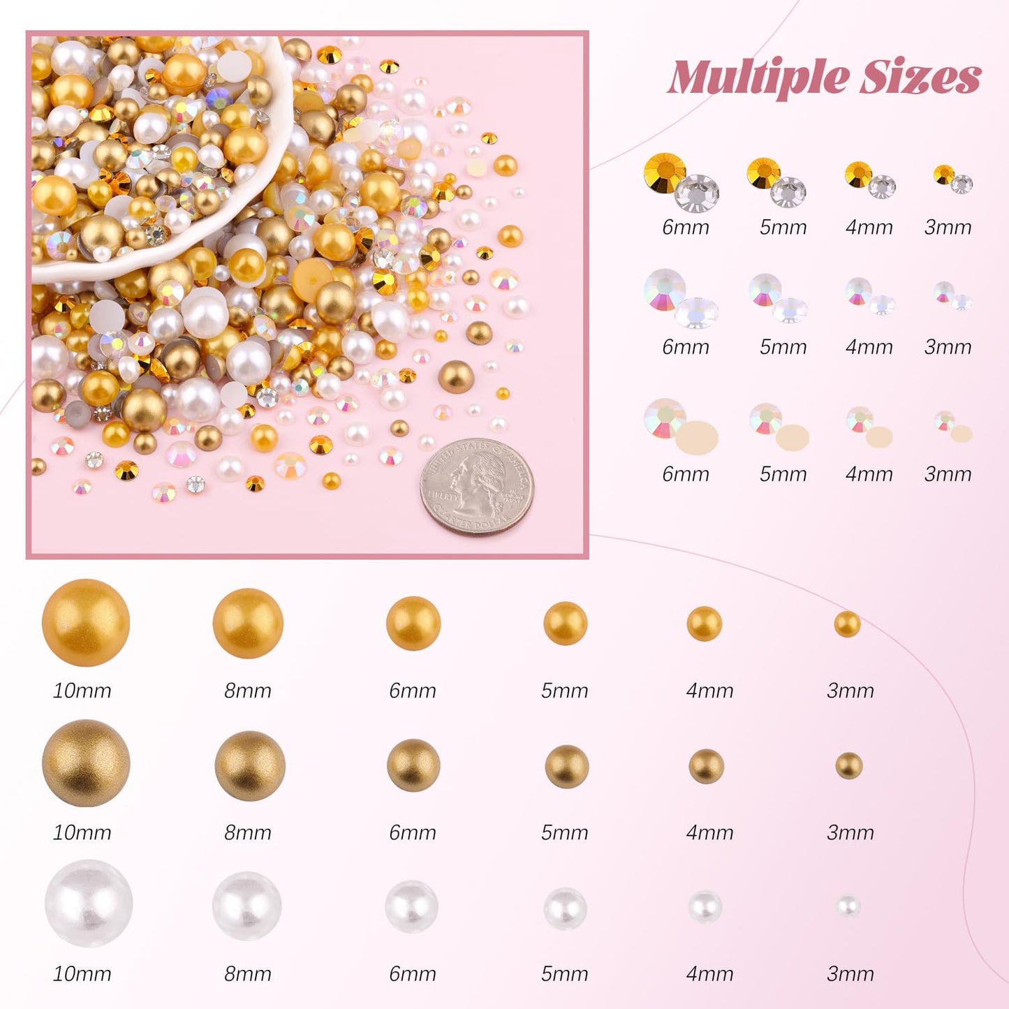 80g Flatback Pearls and Rhinestones for Bedazzling, Champagne Gold Mixed Size 3-10mm Resin Rhinestones and Half Pearls for Crafting, Nail Art and Decoration with Tweezers (White Brown)