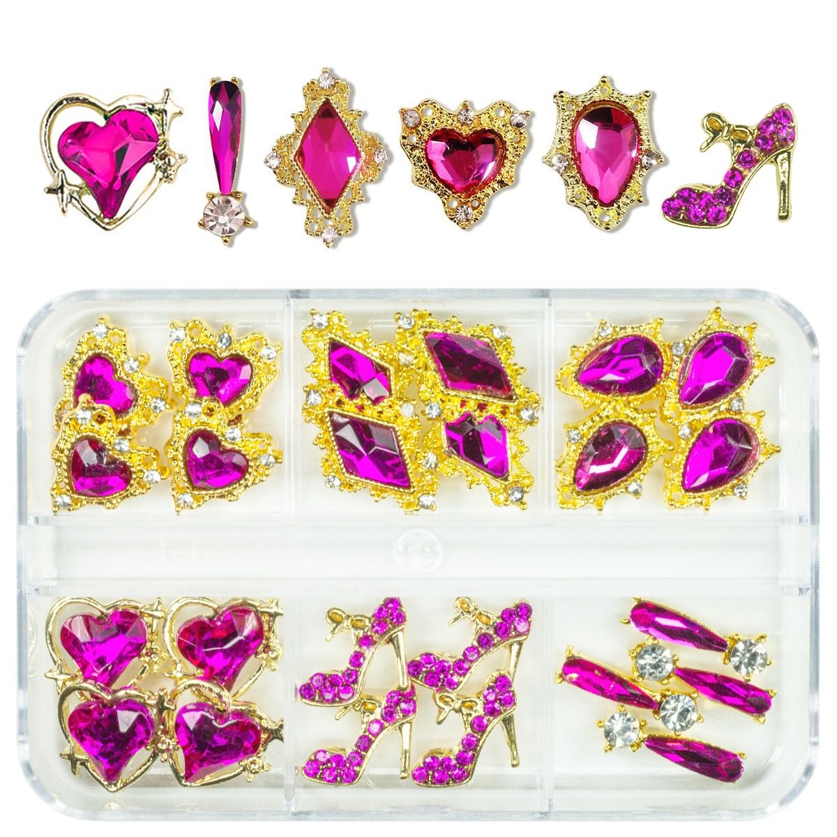 24pcs Rose Pink Nail Rhinestones Luxury Nail Charms Rose Red Heart Charms for Nails 3D Big Nail Gems K9 Glass Crystals Diamonds Jewelry Stones Alloy Nail Art Studs Decor for Arylic Nails Crafts