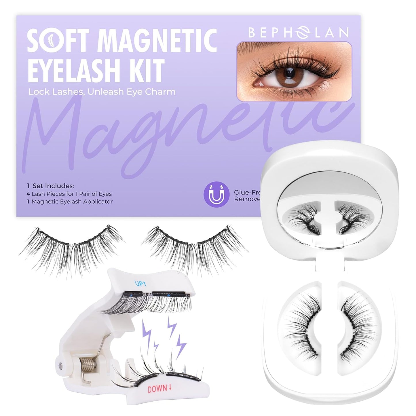 Bepholan Soft Magnetic Eyelashes, Reusable Magnetic Lashes with Applicator, Glue-free Natural Fake Lashes without Eyeliner, Easy to Wear and Remove (CS100)
