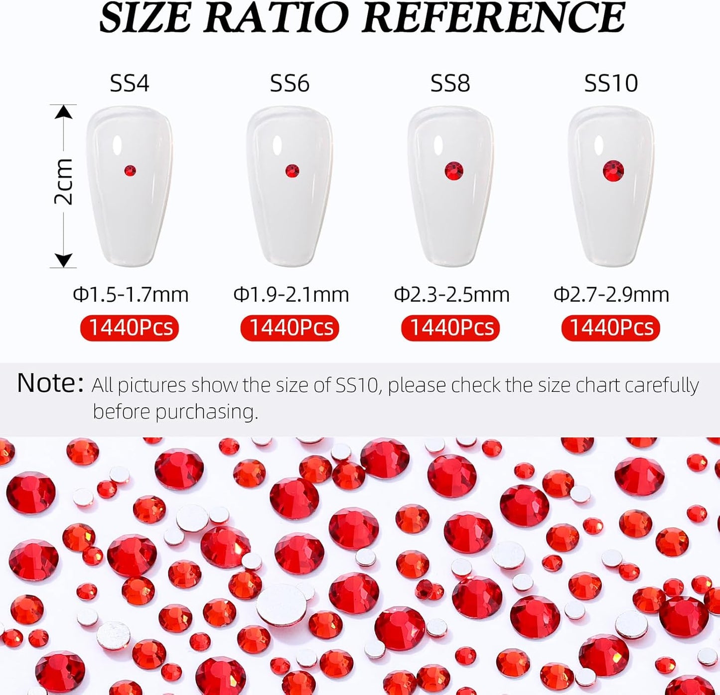 Red Flatback Rhinestones, Glass Rhinestones for Nail Art and Craft, Glue Fix, Loose Crystal Gemstones(Red, SS10, 2880pcs, 2.7-2.8mm)