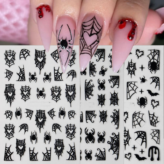 Halloween Nails Stickers Black Spider Web Nails Sticker 3D Embossed White Web Self Adhesive Sticker Nail Decals Black White Heart Web Nail Art Decals Halloween Decals for Nail DIY Manicure 4Sheet