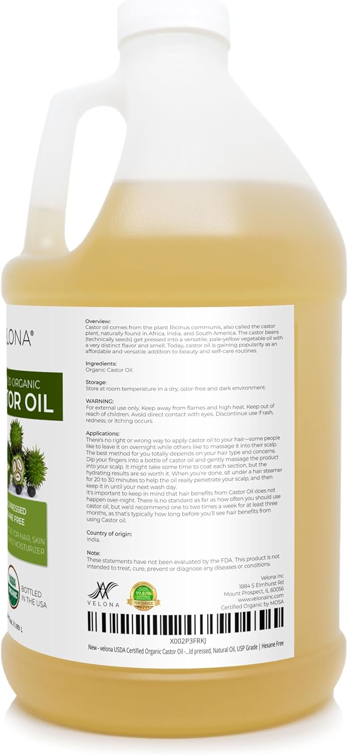 velona USDA Certified Organic Castor Oil - 64 fl oz | For Hair, Boost Eyelashes, Eyebrows | Cold pressed, Natural Oil, USP Grade | Hexane Free