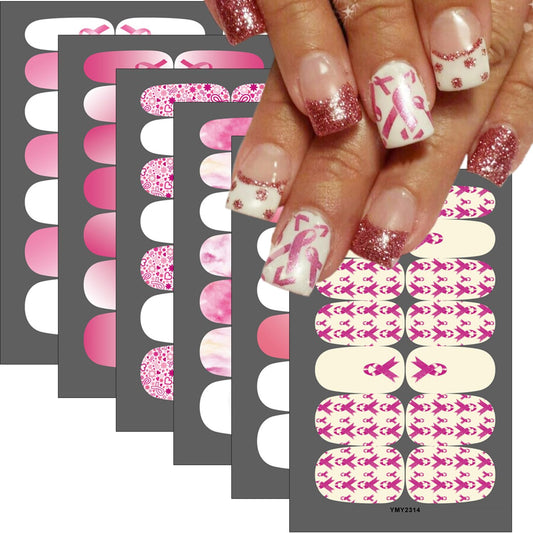 6Sheets Breast Cancer Gel Nail Stickers Pink Ribbon Polish Strips Self-Adhesive Awareness Full Wraps Decals Gradient Pink Butterfly Strips for Women DIY Manicure