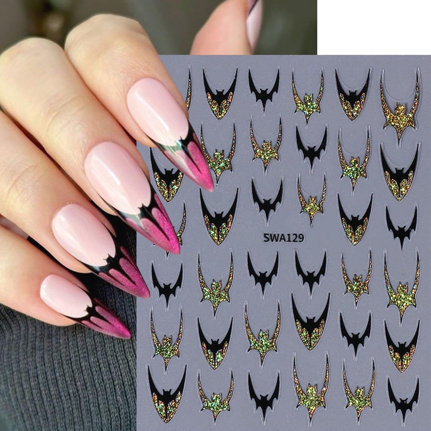4pcs Halloween Bat Nails Art Stickers Glitter Holographic Gold Silver French Bat Design Adhesive Nail Decals Sliders Halloween French Sticker for Nails Supplies Accessories Y2K Manicure Decor
