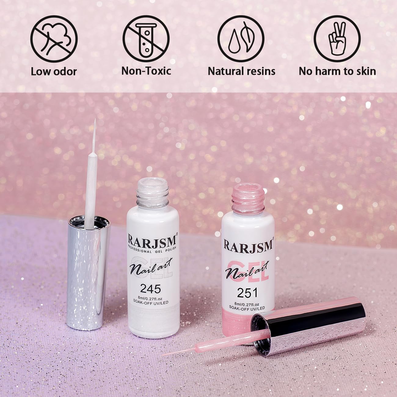 RARJSM Pearl Nail Art Gel Liner 2 Pcs Set Pearlescent Milky Silver White and Pink Shell Glitter Swirl Effect Gel Nail Polish 8ml Build in Thin Brush Painted Drawing Striper GelPolish Curing Requires