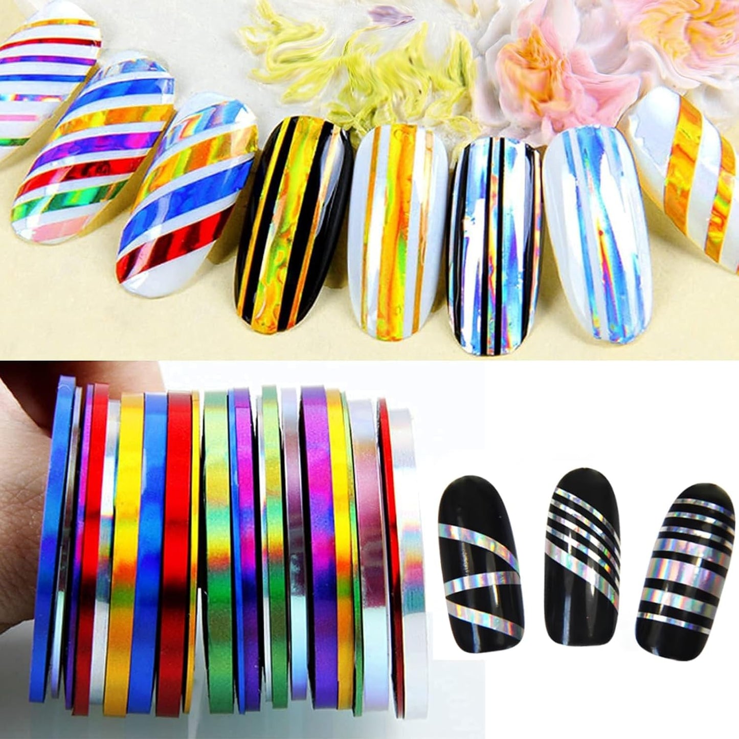 Nail Art Striping Tape Lines Kit 36 pcs 1mm 2mm 3mm Nail Tape Strips for Design DIY Silver Nails Striping Tape Case,Laser Holographic Nail Rolls Chrome Striping Tape Line