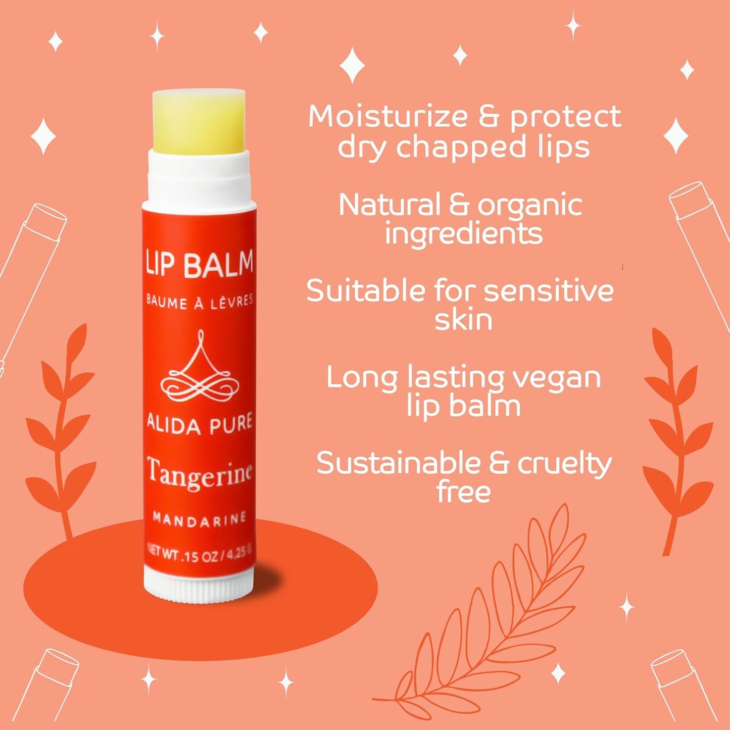 Tangerine Lip Balm, Vegan Set, Beeswax Free, with Organic Jojoba and Avocado Oil, Candelilla Wax, and Vitamin E, Natural Moisturizer For Dry, Chapped, or Cracked Lips, 3 Tube Set