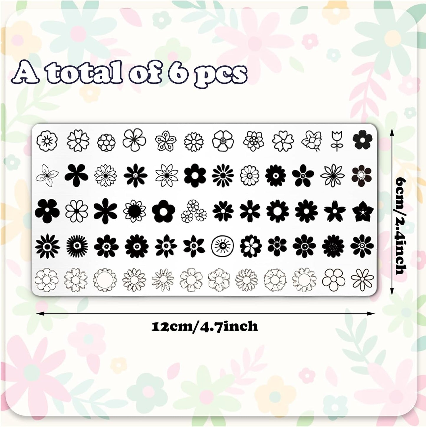 Whaline 6Pcs Simple Floral Nail Plates Stamping Set Flower Leaves Stamp Templates Nail Art Plates for DIY Print Manicure Salon Design Gift