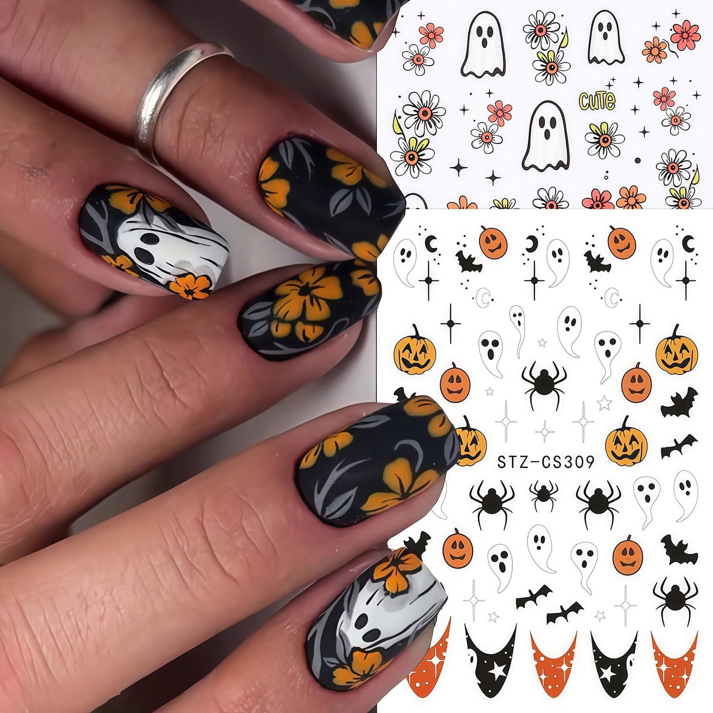 6 Sheets Ghost Nail Stickers for Nail Art, Halloween Nail Decals 3D Self-Adhesive Flower and Spooky Ghost Fall Stickers Design French Tip Nails Sticker Halloween DIY Manicure Decoration for Women