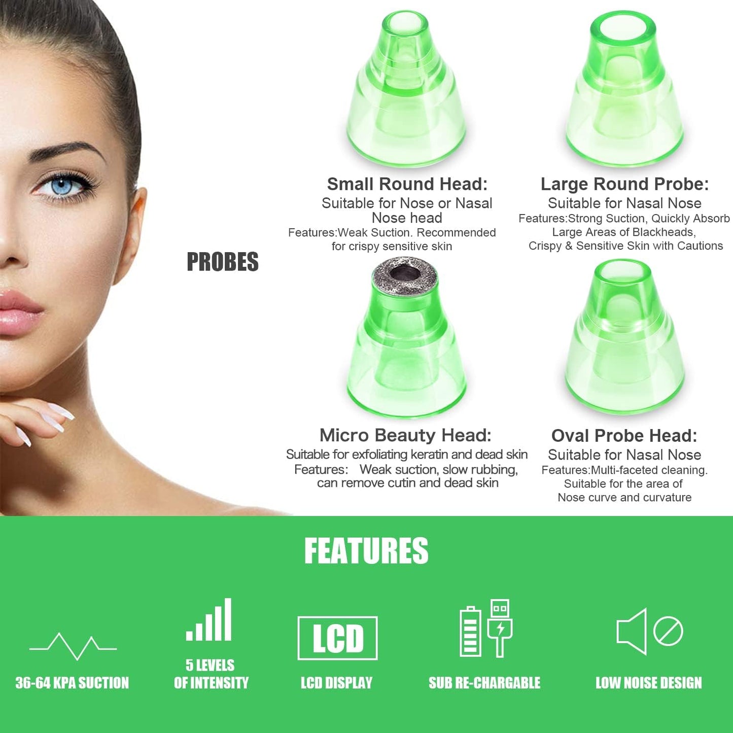 Blackhead Remover Pore Vacuum, Face Suction Pore Cleanser, 5 Suction Power Electric Blackhead Extractor Tool, 4 Probes, Blackhead Suction Remover for Women & Men