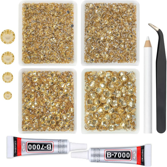 Champagne Gold Crystal Resin Rhinestones w B7000 Jewelry Glue for Bedazzling Crafting 3mm-6mm Flatback Stones Diamonds Crystals Gems Charms for Nails Face Eyes Makeup Tumblers Bottles Crafts