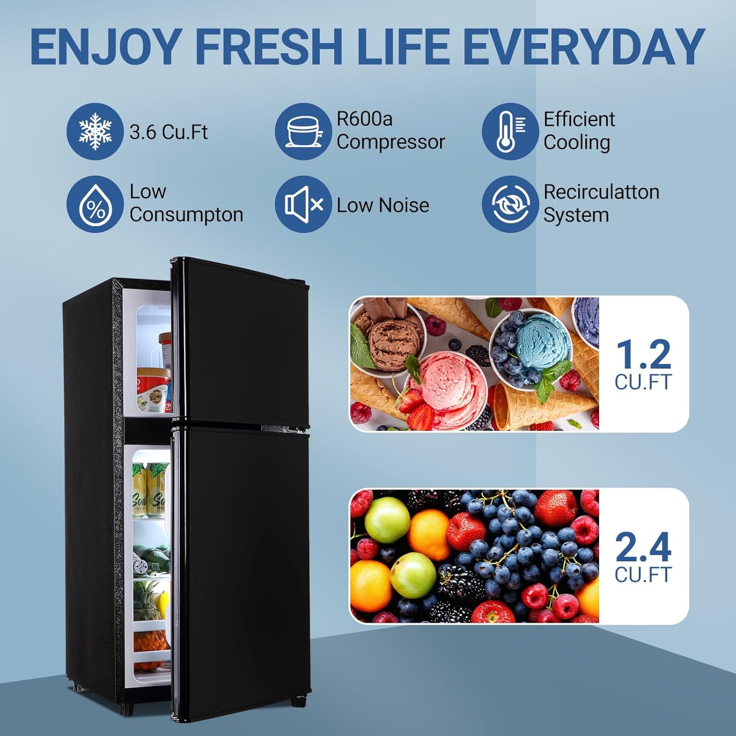 Mini Fridge with Freezer, 3.6 Cu. Ft. Adjustable Thermostat Compact Fridge with Freezer,Office Mini Refrigerator with Freezers, Small Size Dorm Fridges for Apartment,Dorm,Kitchen,Office,Black