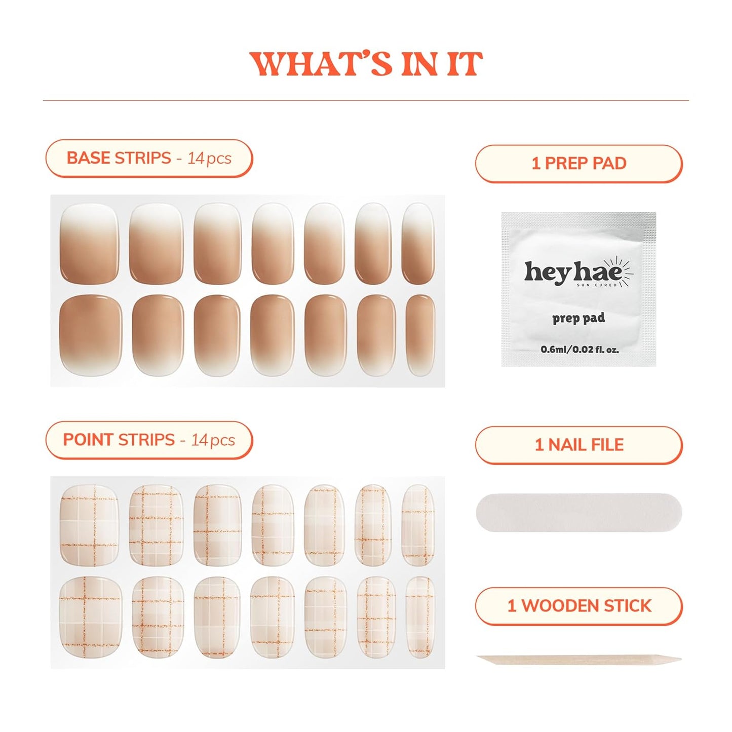 Semi Cured Gel Nail Strips | No LED Lamp Needed | Ombre, Beige, Brown | Easy Apply & Remove, Salon Quality | Includes 28 Strips, 1 Prep Pads, Nail File & Wooden Stick - Hey, You're So Kind