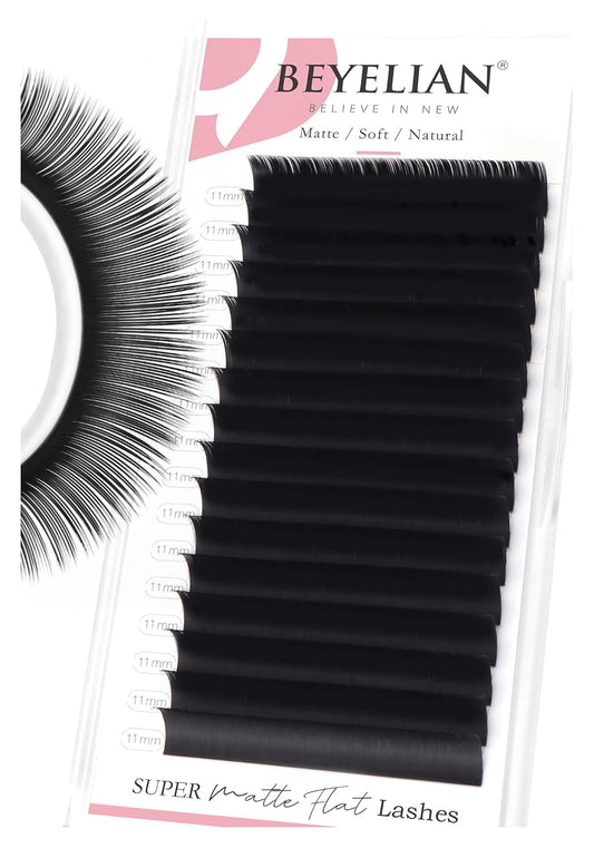BEYELIAN Flat Eyelash Extension, Ellipse Lash Extensions 0.20 D Curl 11mm 16 Rows Matte Black Eyelash Extension Supplies Classic Lash Extensions Individual Eyelashes Salon Use