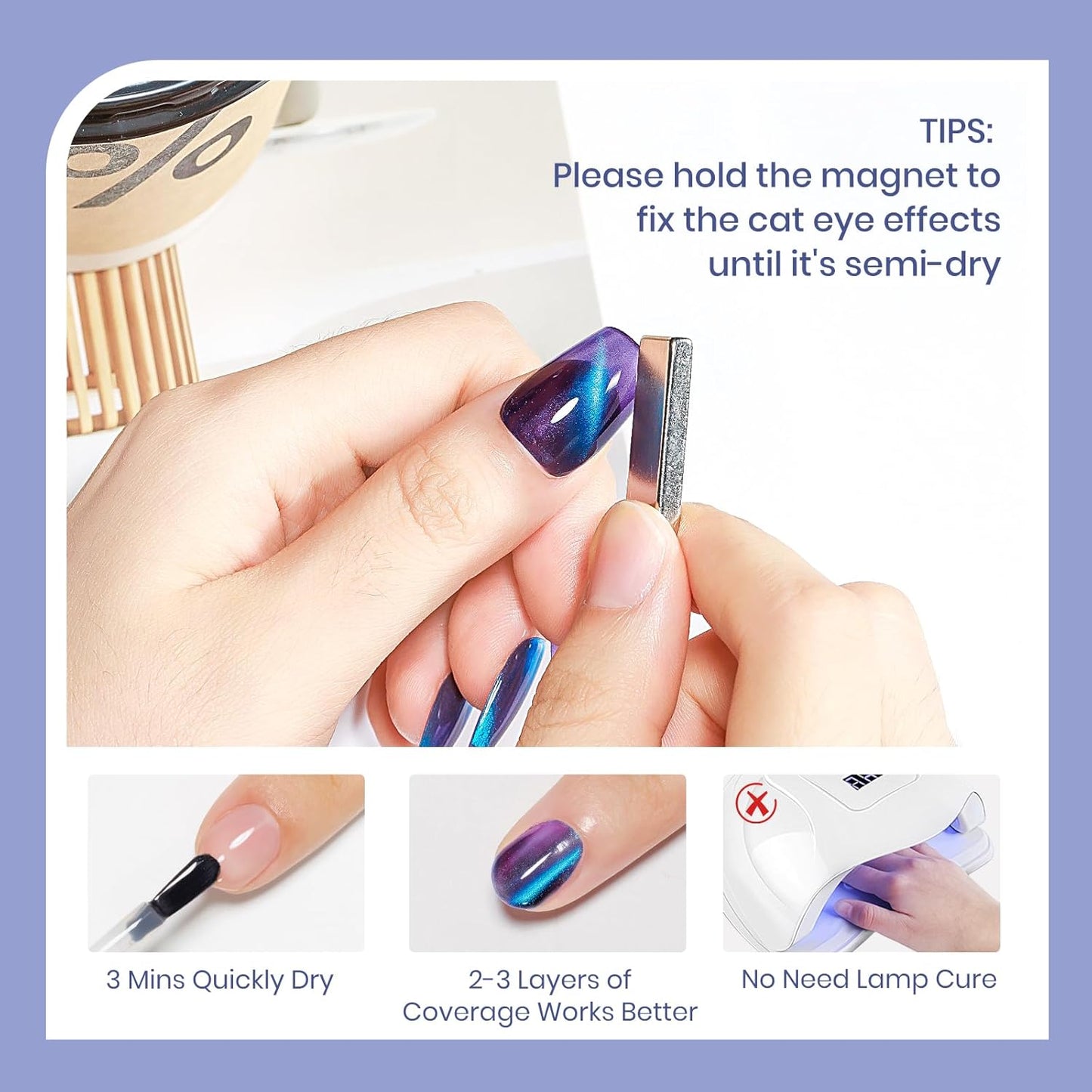 Blue Violet Cat Eye Nail Polish Quick Dry, Magnetic Nail Polish Non Gel Fingernail Lacquer DIY Manicure Gift For Women Girls 16ml/0.54 oz