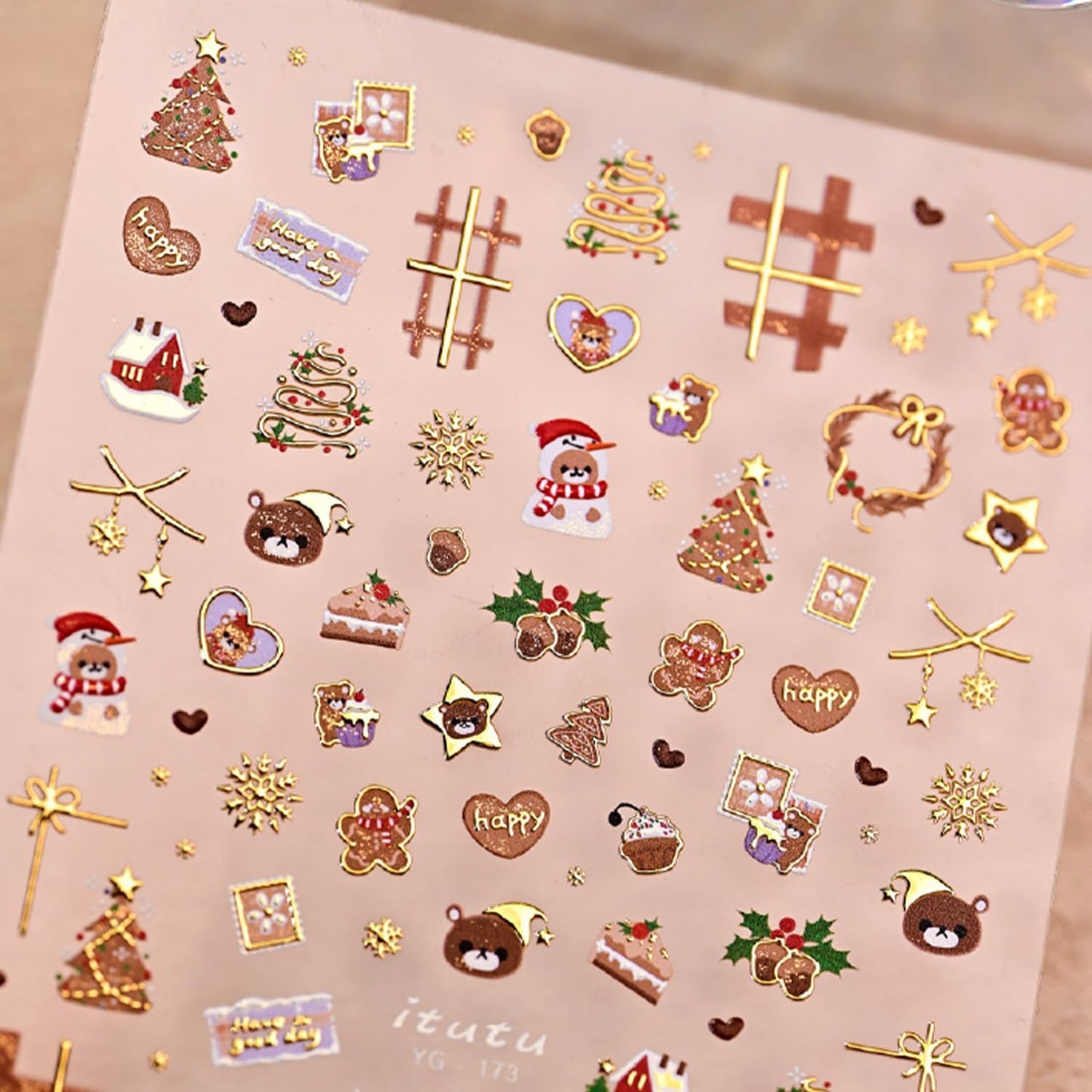 Christmas Nail Stickers for Nail Art Cute Bear Christmas Tree Wreath Glitter Gold Nail Art Stickers 5D Embossed Winter Nail Decals 3D Self-Adhesive Nails Supply Manicure Sliders for Nails Decoration