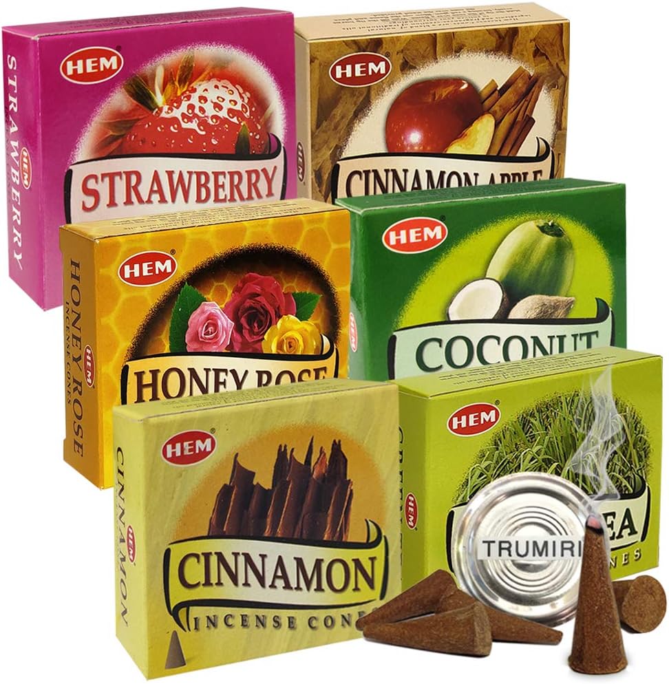 Hem Incense Cones Variety Pack #5 and Cone Incense Burner Bundle with 6 Most Sought-After Fragrances