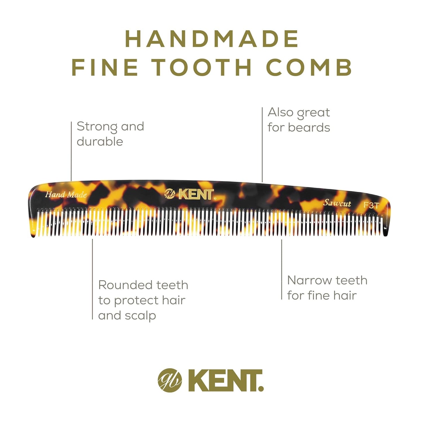 Kent F3T TY Fine Tooth Comb for Hair Parting, Handmade Combs for Men and Straightening Comb for Women, Dandruff Remover Kent Mens Combs for Fine Hair